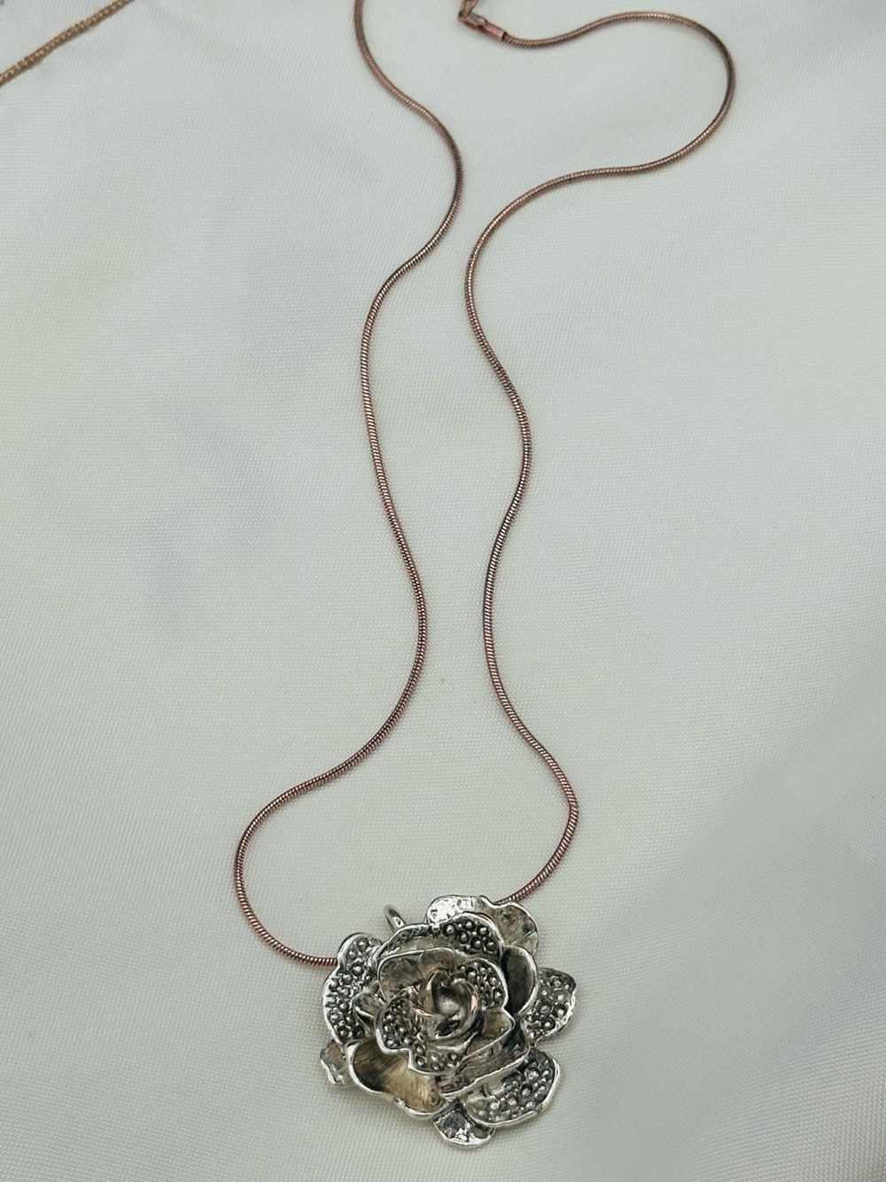 Vintage E&L Israel Sterling Silver Electroform Rose Necklace on a Copper Chain